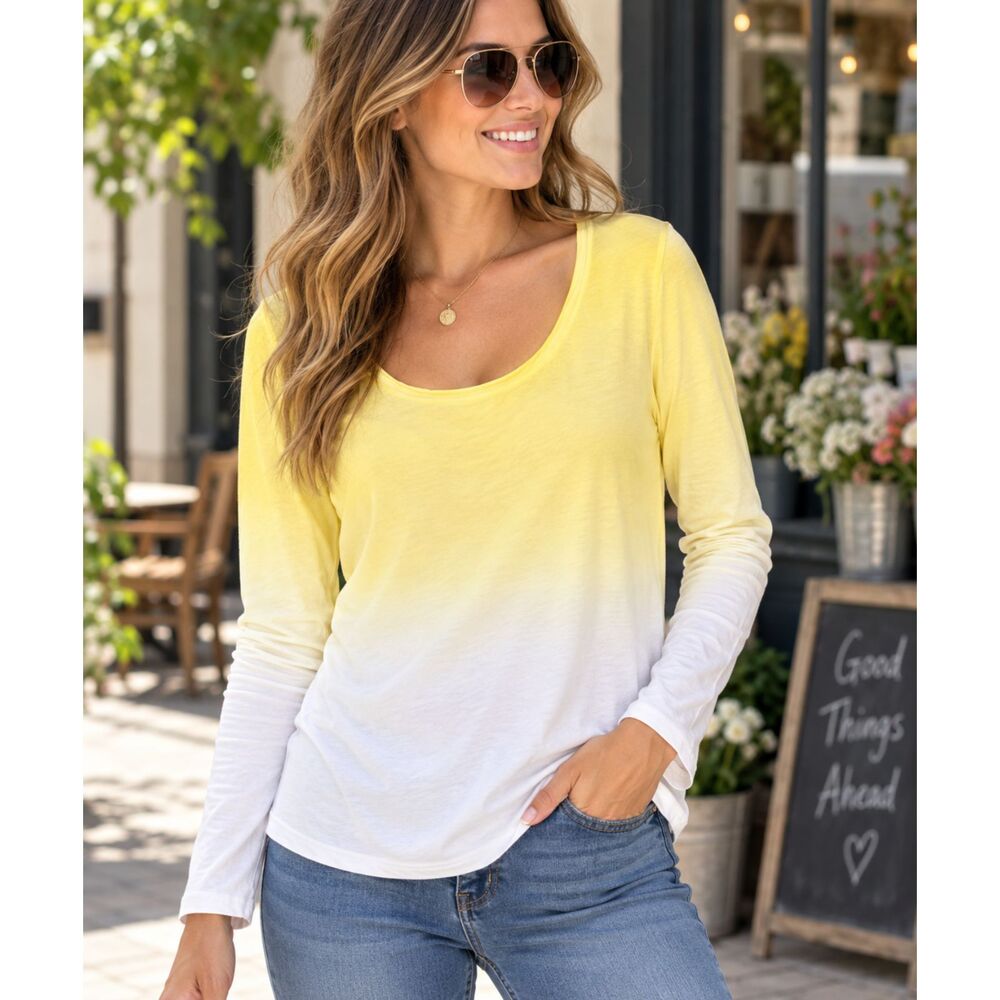 Candace Cameron Bure Women's M Yellow White Ombre Long Sleeve Scoop Neck Tee #20